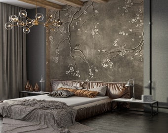Removable Chinoiserie Floral, Birds, Mink Grey Background, Beige Flowers Wallmural,Peel and Stick Wallpaper