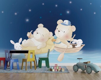 Sky Moon Bears Peel and Stick Wallpaper Minimalist Scandinavian Removable Wall Decal