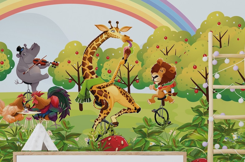 May include: A colorful illustration of animals riding unicycles in a whimsical forest setting. A giraffe with a green scarf rides a unicycle, a lion rides a unicycle, a hippo plays the violin, and two chickens sit at a table.