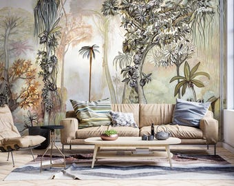Vintage Tropical Jungle Wallpaper: Hand-Painted Botanical Wall Mural
