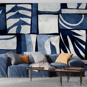 Blue Watercolor Geometric Leaves Mural - Peel and Stick Wallpaper