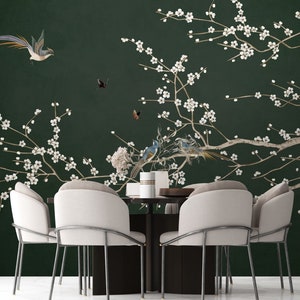 Chinoiserie Birds and Flowers Wallpaper: Green Mural, Peel and Stick