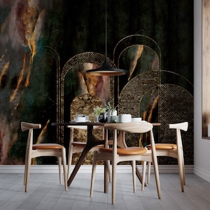 Geometric Brush Effect Wallpaper: Black & Gold Arches, Peel and Stick Mural