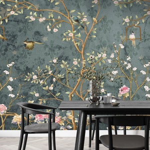 Chinoiserie Flowers and Birds Wallpaper: Peel and Stick Mural