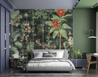 Chinoiserie Botanical Mural: Vintage Jungle Flowers & Birds, Peel and Stick Wallpaper