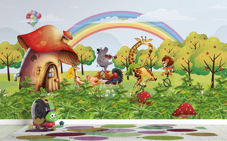 May include: A colorful cartoon mural featuring a mushroom house, a giraffe riding a unicycle, a hippopotamus playing a violin, a lion riding a unicycle, and a rooster and hen. The mural is set against a backdrop of a rainbow and green trees.