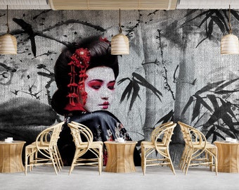 Asian Woman Wallpaper: Black and White Trees, Peel and Stick Mural