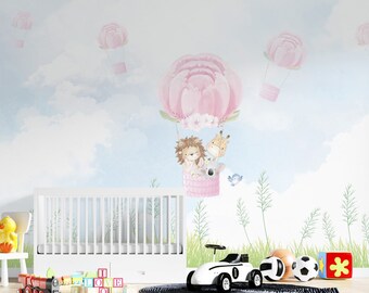 Sky Animals & Balloon Wallpaper: Scandinavian Peel and Stick Wall Art