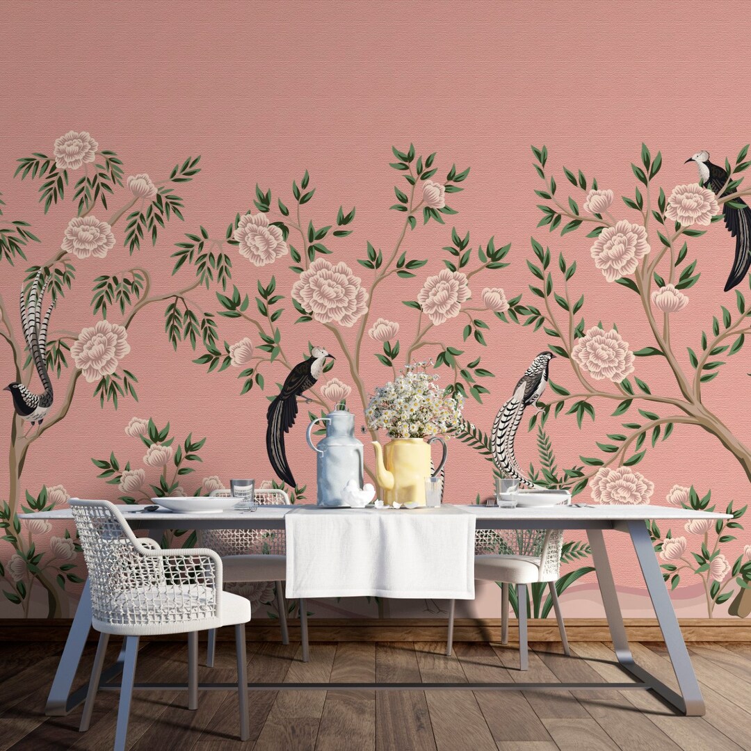 Chinoiserie Pink Flowers, Pink Background Wallpaper, Peel and Stick