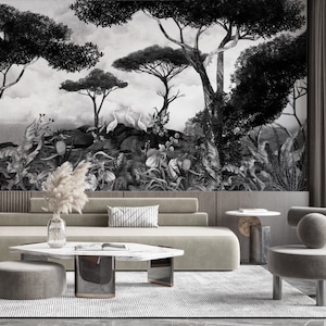 Exotic Island Mural: Palms, Heron Cranes, Classic Art Peel and Stick Wallpaper