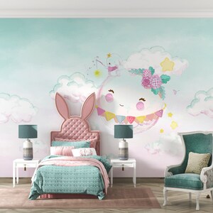 Kinderzimmer Tapete mit dem Thema Bären auf Mond und Himmel angeln. Schälen und Stick Wandaufkleber Abnehmbare Wandkunst
