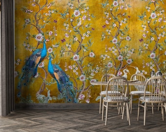 Chinoiserie Peacock Wallpaper: Flowers & Birds, Peel and Stick Mural