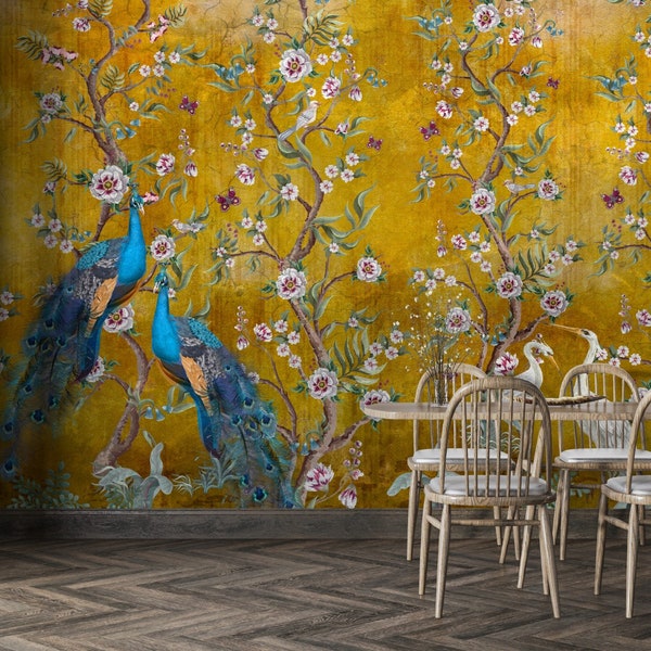 Chinoiserie Flowers and Birds Wallpaper, Peacock, Peel and Stick, Mural, Poster, Classic Art, Living Room, Bedroom, Wallpaper