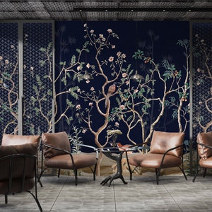 Chinoiserie Colorful Trees and Birds Wallpaper Dark Background Wall Mural Wall Decoration Peel and Stick Mural Home Decor Handmade Art