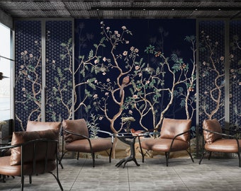Chinoiserie Colorful Trees and Birds Wallpaper Dark Background Wall Mural Wall Decoration Peel and Stick Mural Home Decor Handmade Art