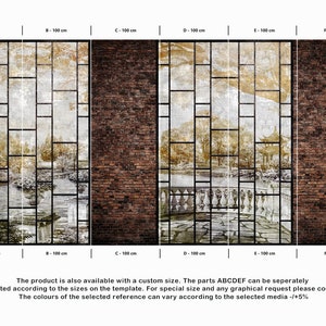 Może przedstawiać: Sześciopanelowy mural ścienny przedstawiający tradycyjny chiński ogr&oacute;d z ceglanym murem, pagodą i mostem nad stawem. Mural jest podzielony na sześć sekcji, każda o szerokości 100 cm. Mural jest wydrukowany na wysokiej jakości materiale i nadaje się do użytku wewnętrznego.