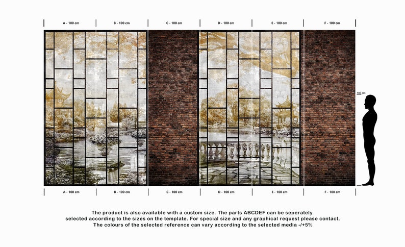 Może przedstawiać: Sześciopanelowy mural ścienny przedstawiający tradycyjny chiński ogr&oacute;d z ceglanym murem, pagodą i mostem nad stawem. Mural jest podzielony na sześć sekcji, każda o szerokości 100 cm. Mural jest wydrukowany na wysokiej jakości materiale i nadaje się do użytku wewnętrznego.