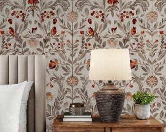 Vintage Botanical Wallpaper, Neutral Floral Damask, Peel and Stick