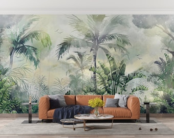 carta da parati tropicale con foglie di banano e foglie staccabili, murale rimovibile, carta da parati traspirante non vowen