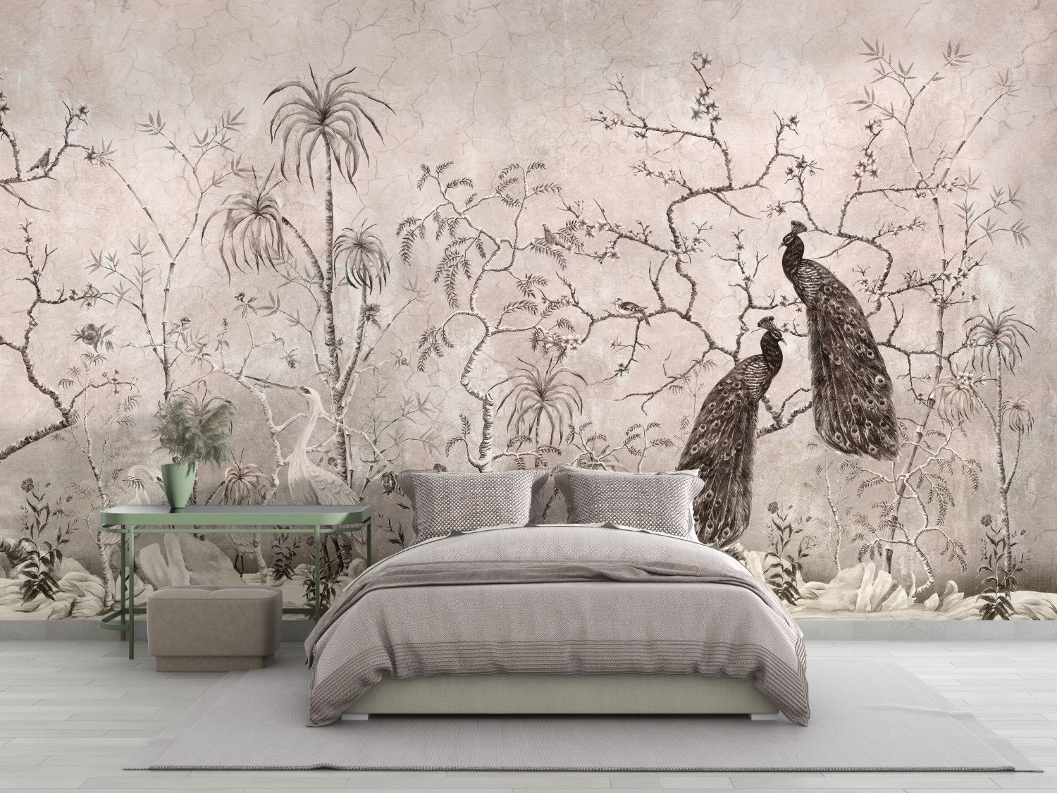 Chinoiserie Peacocks and Trees Wallpaper Monochrome Wall Mural Etsy