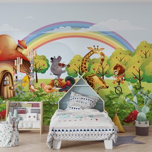 May include: A colorful children's bedroom with a mural featuring a rainbow, a mushroom house, and animals like a giraffe, lion, and hippopotamus. A white bed with a patterned duvet is in the foreground.