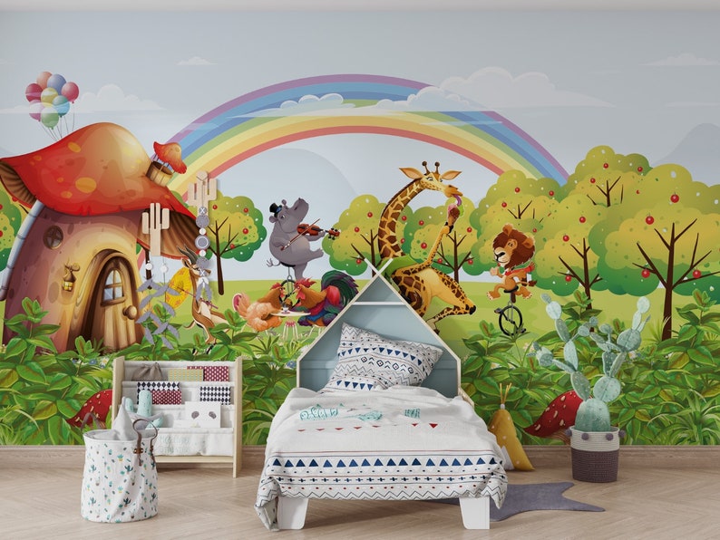 May include: A colorful children's bedroom with a mural featuring a rainbow, a mushroom house, and animals like a giraffe, lion, and hippopotamus. A white bed with a patterned duvet is in the foreground.
