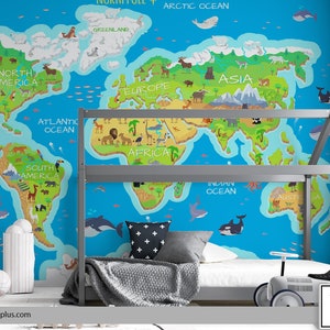 Karte der Tiere der Welt zu bunte thematische Tapete.Peel and Stick Wand-Aufkleber Minimalistisches skandinavisches Design-entfernbare Wand-Kunst
