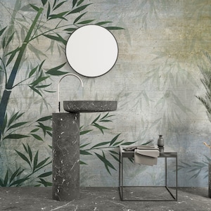 Tropical Bamboo Trees and Leaves, Concrete Texture Wallpaper, Peel and Stick Wallpaper, Removable Wall Mural, Nonvowen Breathable Wallpaper