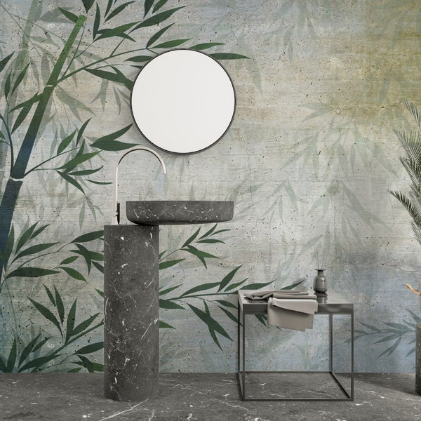 Tropical Bamboo Trees and Leaves, Concrete Texture Wallpaper, Peel and Stick Wallpaper, Removable Wall Mural, Nonvowen Breathable Wallpaper