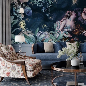 Rococò donna francese che dipinge arte in blu navy Jungle Leaves Wallpaper, stacca e attacca, murale, arte classica, soggiorno, camera da letto