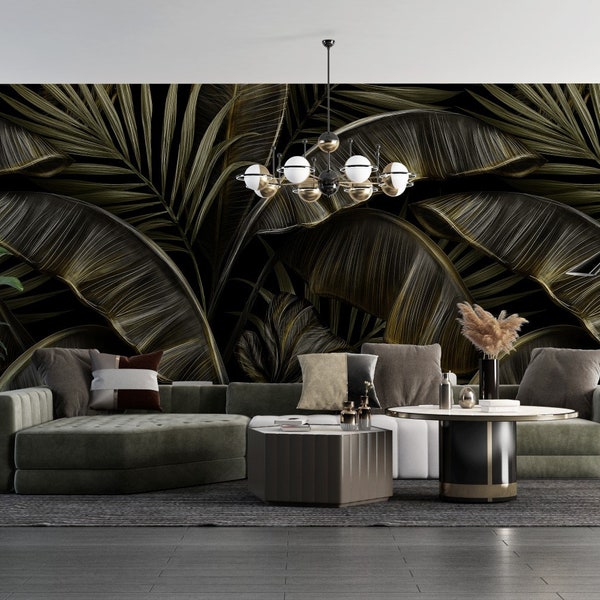 Gold Tropical Leaves Mural Wallpaper. Peel and Stick Wallpaper Removable Wall Art, nonvowen wallpaper