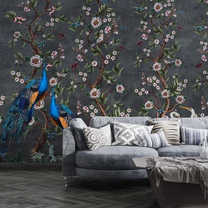 Chinoiserie Peacock Wallpaper: Flowers and Birds, Peel and Stick Mural