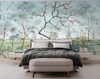 Chinoiserie Lake Wallpaper Mural: Soft Blue Trees, Peel and Stick