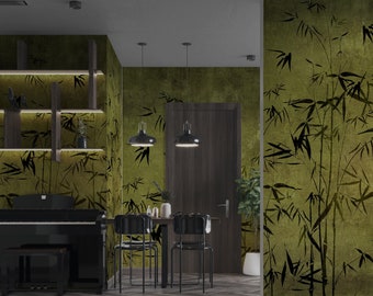 Bamboo Trees Wallpaper, Olive Green Watercolor Peel & Stick Removable Mural