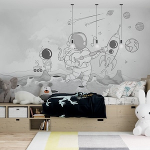 Carta da parati a tema astronomico con temi di chitarra. Adesivo da parete staccabile e appiccicoso, design scandinavo minimalista, arte murale rimovibile