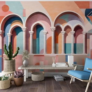 Carta da parati murale con forme geometriche retrò a colonna, stacca e attacca, colori vivaci, rimovibile, arte murale