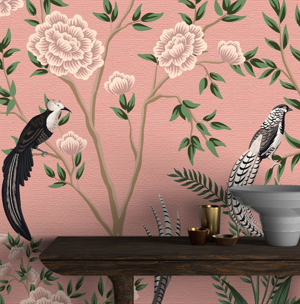 Chinoiserie Pink Flowers Pink Background Wallpaper Peel and - Etsy