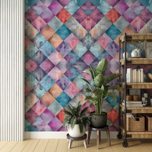 Carta da parati con motivo geometrico a rombi vintage, retro multicolore, staccabile e attaccabile, murale in tessuto non tessuto