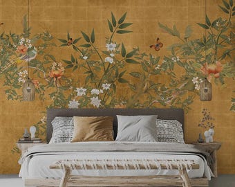 Antique Gold Chinoiserie Wallpaper: Botanical Birds & Peonies Mural