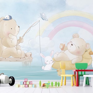 Ours pêchant sous un arc-en-ciel - Papier peint pour chambre de bébé - Papier peint autocollant - Papier peint bébé garçon
