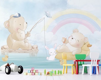 Fishing bears under rainbow - Nursery wallpaper - Peel and Stick wallpaper - Baby boy wall mural