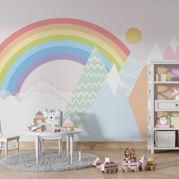 Rainbow, cloud and mountains wallpaper. Peel and Stick Wall Sticker  Minimalistic Scandinavian Design Removable Wall Art