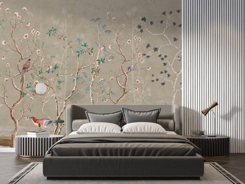 Chinoiserie Trees and Birds Wallpaper: Light Background Peel and Stick ...