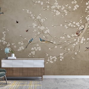 Carta da parati con uccelli e fiori cinesi, uccello blu, stacca e attacca, murale rimovibile per camera da letto, soggiorno, poster autoadesivo di arte classica