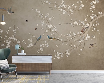 Chinoiserie Blue Bird Wallpaper: Peel and Stick Floral Mural