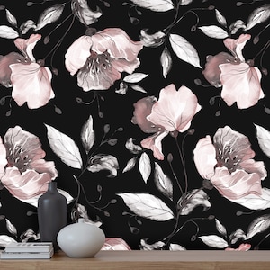 Peonies Floral Wallpaper: Black Background, Scandinavian Peel and Stick Mural