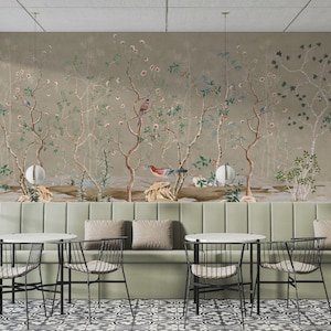 Chinoiserie Trees and Birds Wallpaper: Light Background Peel and Stick Mural