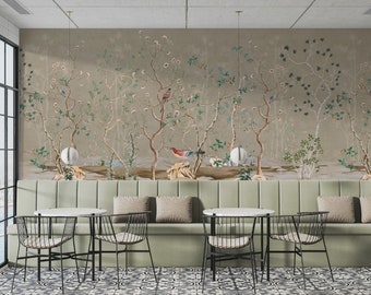 Chinoiserie Trees and Birds Wallpaper: Light Background Peel and Stick Mural