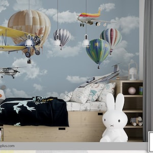 Mongolfiere e aeroplani che volano nel cielo blu - Carta da parati murale staccabile e attaccabile - Decorazione murale per bambini