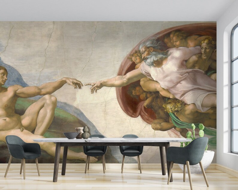 May include: A painting depicting the Creation of Adam, a famous fresco by Michelangelo. The painting shows God reaching out to Adam, who is lying on the ground. The painting is set against a backdrop of swirling clouds and a bright light.